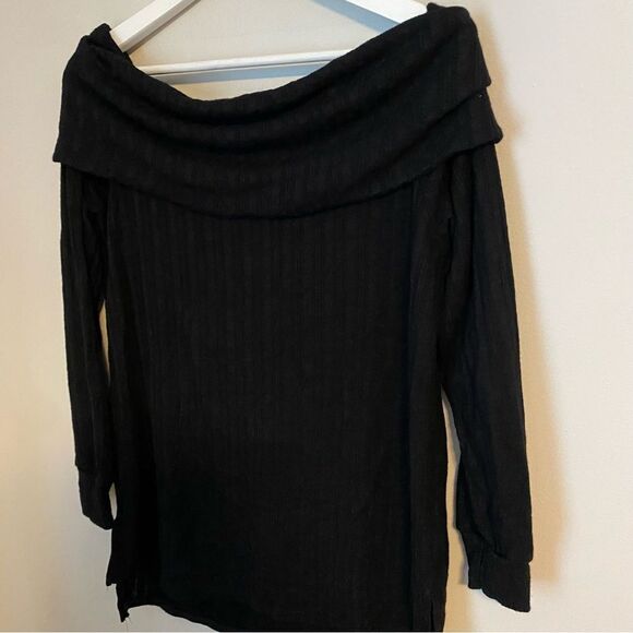 Loveappella Tunic Top Ribbed Pointelle Off the Shoulder Black Casual Fold Over - Picture 3 of 11